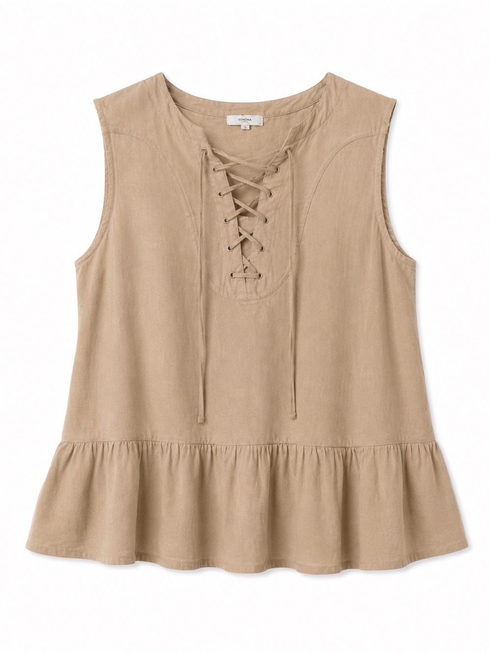 Loveriche Boho Lace-Up Tank Top Women’s Large Beige Flowy Ruffle Hem Sleeveless - Picture 5 of 6